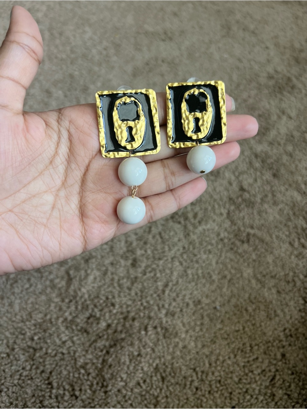 Schiaparelli Gold and Black Square Drop Earrings with Cream Beads